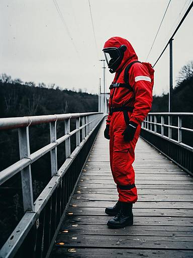Man in Red Suit on Bridge
