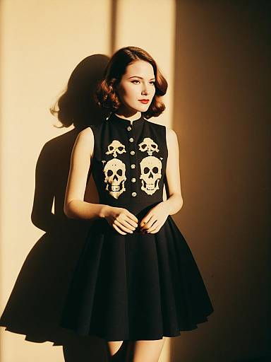 Woman in Gothic Black Dress with Skull Motif