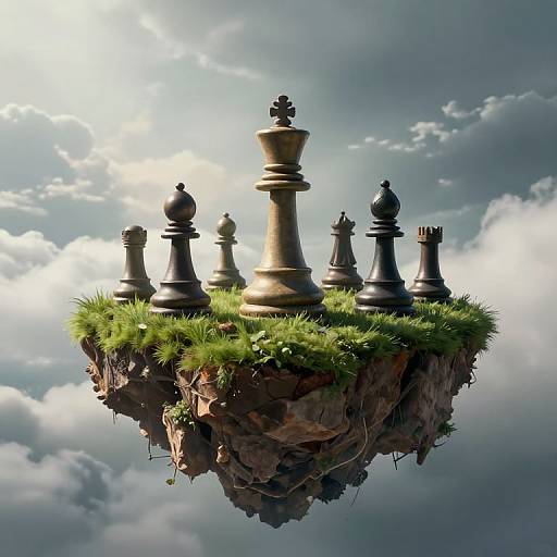 Surreal Chess Pieces on Floating Island