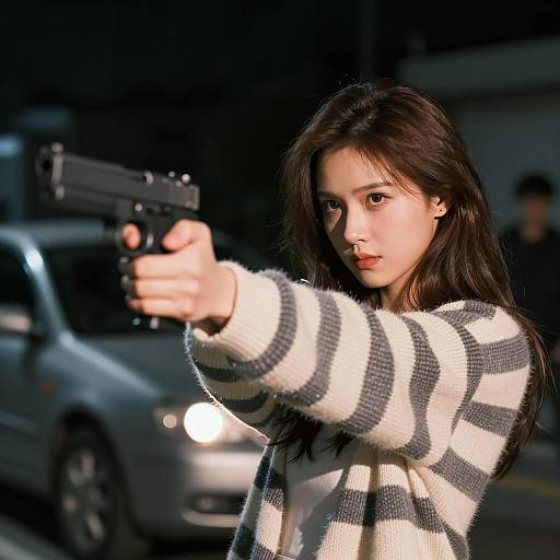 Woman Aiming Gun at Night