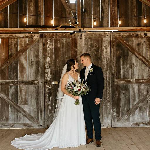 Photograph of a bride in a white, sleeveless gown and veil, holding a bouquet, and a groom in a black suit, standing in front
