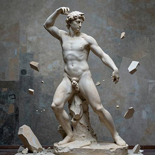 Photograph of a classical marble statue of a nude, muscular man with an erect penis, raising one arm, surrounded by flying stone fragments against a textured