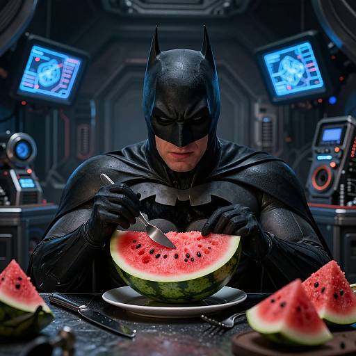Photograph of Batman in black suit, mask, and gloves, eating watermelon slice with knife in high-tech, dark room, surrounded by watermelon