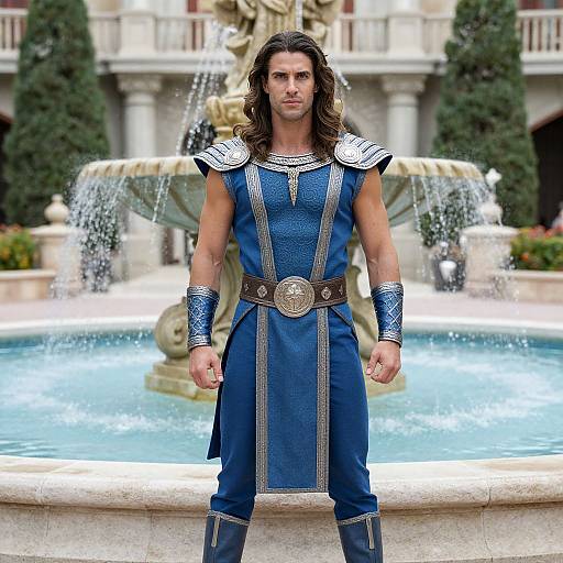 Poseidon in Blue Costume by Fountain