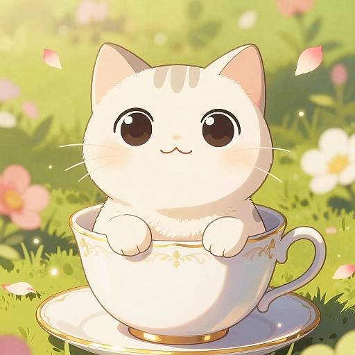 Chubby Anime Cat in Teacup