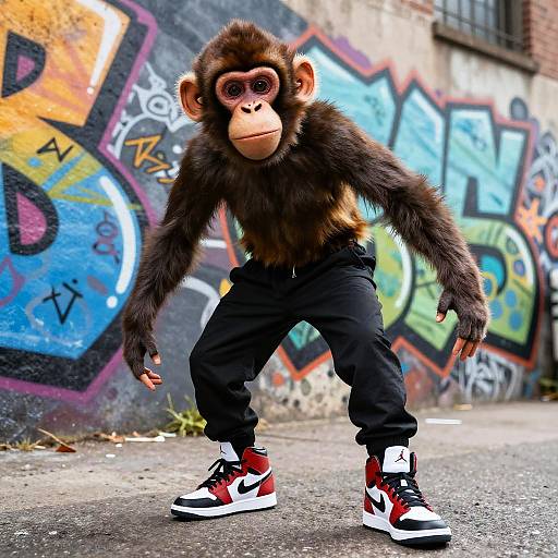Photograph of a costumed monkey in black pants and red-and-white sneakers, standing confidently in front of colorful graffiti-covered brick wall.