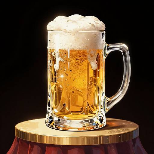 Photograph of a frothy, amber beer mug with a handle, sitting on a shiny gold pedestal against a black background.