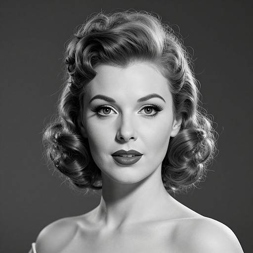 Black-and-white photograph of a 1940s-style woman with curled, shoulder-length hair, dark lipstick, and intense gaze, against a gradient dark
