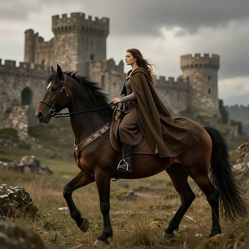 Medieval Woman Riding Horse Near Castle Ruins
