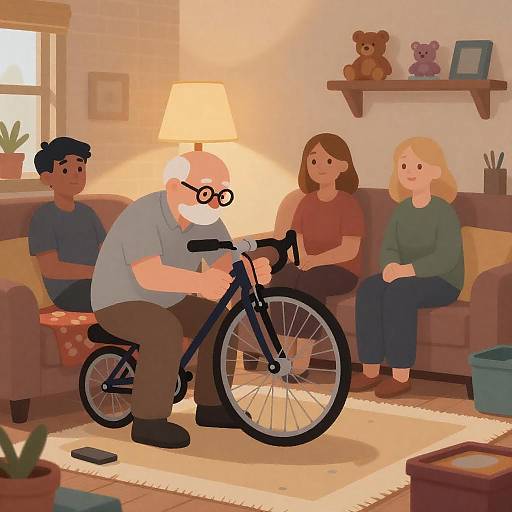 Older Man Repairing Bicycle Indoors
