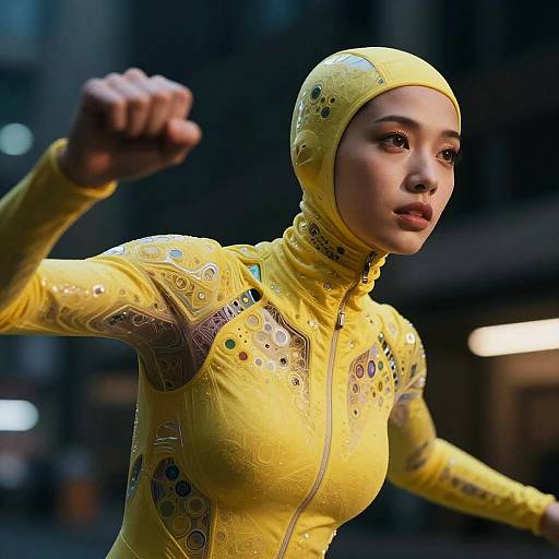 Photograph of a fierce, young woman in a yellow, form-fitting, patterned suit and matching hood, punching forward in an urban night setting