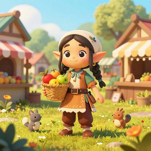 Cute, cartoon-style elf girl with braided hair, wearing a white hat, orange dress, and brown pants, holds a basket of apples in