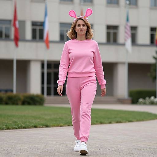 Photograph of a woman in pink sweatpants and matching sweatshirt, with pink bunny ears, walking outdoors in front of a building with flags. She