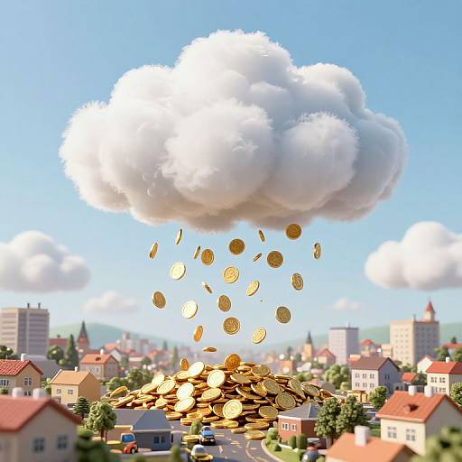 Photorealistic CGI: Gold coins falling from a large white cloud over a suburban town with red-roofed houses and blue sky.