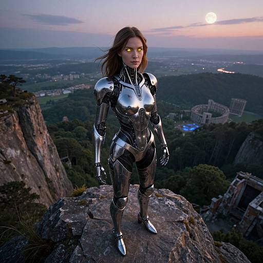Photorealistic CGI of a glowing-eyed, silver-armored female robot standing on a rocky cliff at sunset, with a cityscape and forest in the