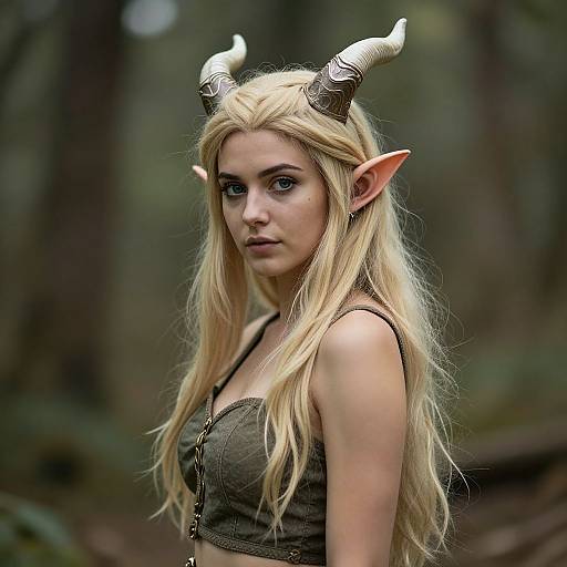 Photograph of a blonde woman with elf ears and white, curved horns, wearing a green crop top, standing in a forest.