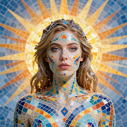 Photograph of a young woman with wavy blonde hair, covered in colorful mosaic tiles, against a radiant sunburst tile background.