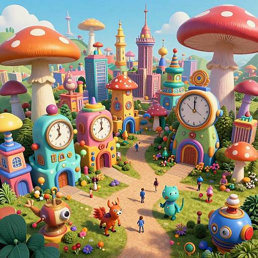 Whimsical CGI cityscape featuring colorful, oversized clock towers, mushroom-shaped buildings, and vibrant flora; tiny, colorful characters stroll a winding path.