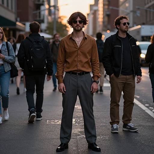 Photograph of a confident man with curly hair, brown jacket, dark pants, and sunglasses, standing on a busy city street at sunset, surrounded by