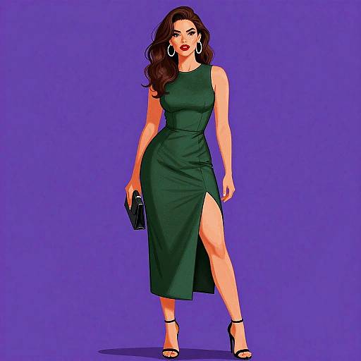 Digital illustration of a confident woman with long brown hair in a green sleeveless dress with a thigh-high slit, black heels, holding a black clutch,