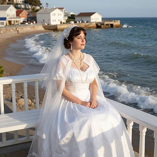 Photograph of a fair-skinned bride with dark hair, wearing a white lace gown and veil, sitting on a beachside balcony, overlooking the ocean
