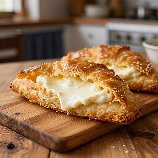 Photograph of two golden, flaky, sesame-seeded pastries with creamy white filling on a wooden board in a warmly lit kitchen.