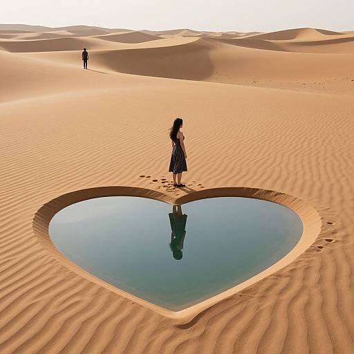Photograph of a woman in a dress standing by a heart-shaped oasis in a vast, rippled desert, with another figure in the distance.
