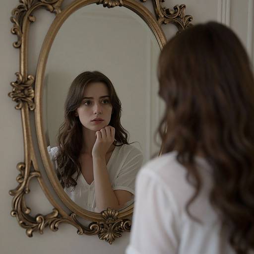 Photograph of a young woman with long, wavy brown hair, wearing a white shirt, standing before an ornate, gold-framed oval mirror