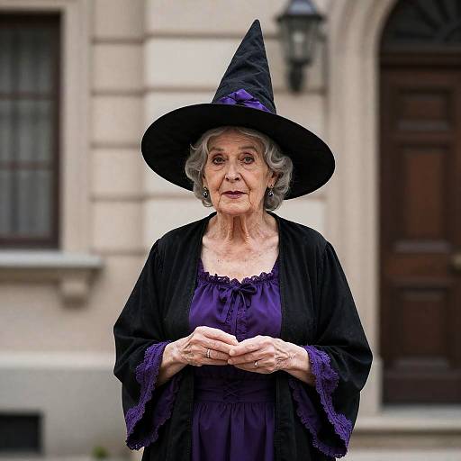Photograph of an elderly woman with gray hair, wearing a black witch hat, purple dress, and black shawl, standing in front of a stone
