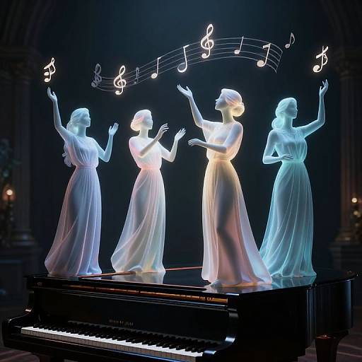 Photograph of luminous, translucent statue figures of singing women in flowing dresses, standing on a grand piano, with musical notes floating above. Dark,