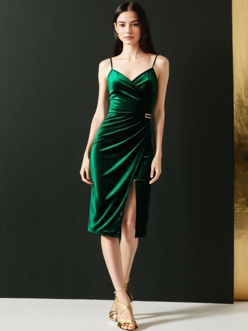 Chic Woman in Emerald Velvet Dress