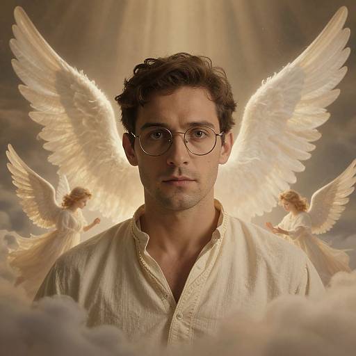 Photograph-like digital art of a serious, curly-haired man in glasses with angel wings in the background, surrounded by ethereal, glowing angels. W