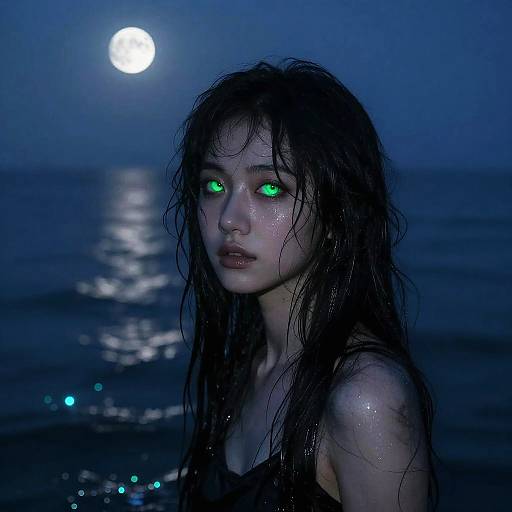 Photograph-style digital artwork of a wet, dark-haired woman with glowing green eyes against a moonlit ocean backdrop, reflecting eerie, mystical vibes.