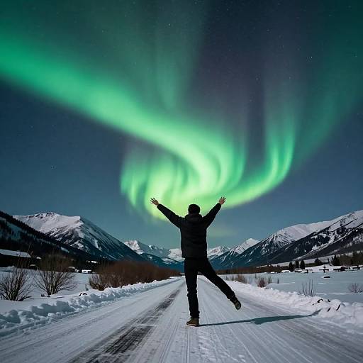 Silhouetted person dancing on snowy road under vibrant green Northern Lights, surrounded by snow-covered mountains and clear night sky. Photograph.