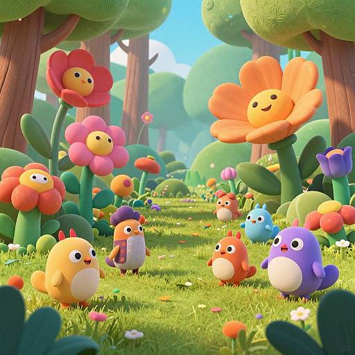 Vibrant 3D CGI forest scene with cheerful cartoon flower characters and animals, featuring colorful flowers, lush greenery, and sunny blue sky.