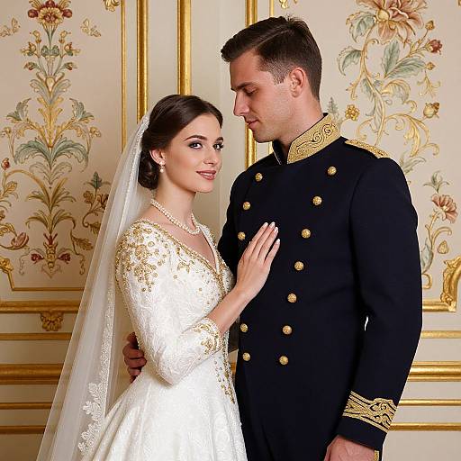 Photograph of a bride in a white lace gown with veil and pearls, and groom in black military uniform with gold buttons, standing closely in an orn