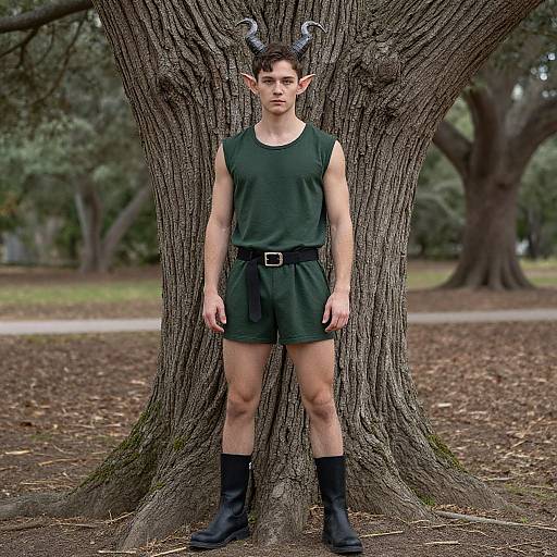 Photograph of a young man with elf-like horns, wearing a dark green tank top, shorts, black boots, standing against a large tree in a