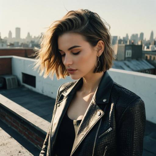 Woman with Textured Crop Hairstyle in Leather Blazer on Rooftop