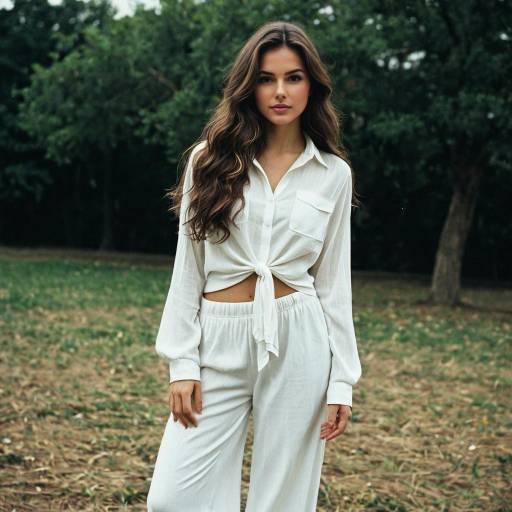 Young Woman in White Palazzo Pants Outfit Outdoors