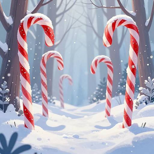 Digital illustration of a snowy forest with red and white striped candy canes standing upright among snow-covered trees and ground.