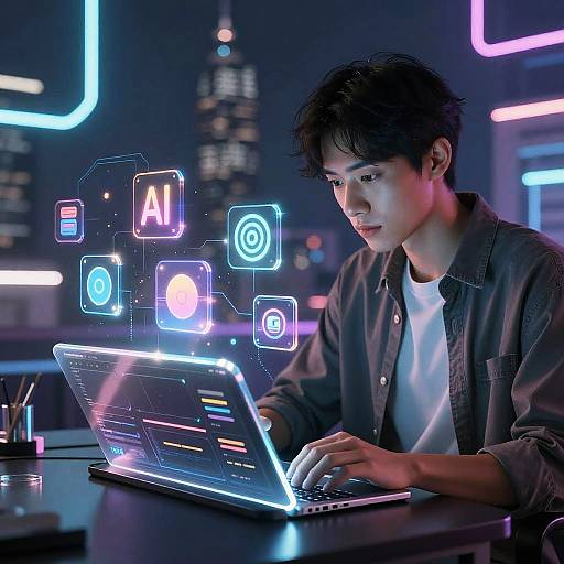 Neon-lit cybercafé scene: young Asian man with short black hair, wearing a dark shirt, typing on glowing laptop, surrounded by floating