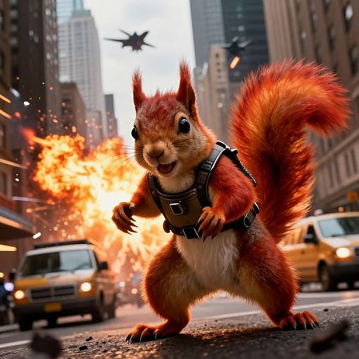 Digital artwork of a fierce red squirrel in a harness, standing on a city street amidst a fiery explosion, surrounded by yellow taxis and towering buildings.
