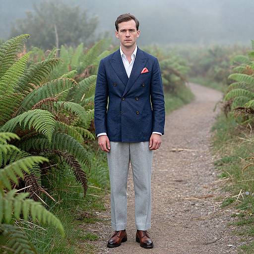 Photograph of a tall, fair-skinned man with short brown hair, wearing a navy blazer, white shirt, gray trousers, brown shoes,