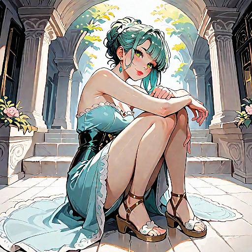 Stylish Woman in Strapless Dress Sitting on Stone Steps