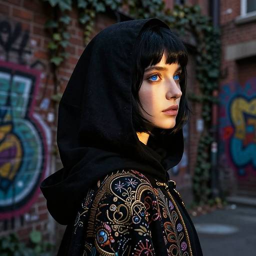 Photograph of a pale-skinned, blue-eyed woman with black bob haircut and hood, wearing an ornate black embroidered jacket, standing in a graffiti
