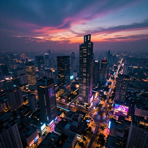 Photograph of a vibrant, cityscape at dusk with tall skyscrapers, colorful neon lights, and a dramatic, purple-orange sunset sky.