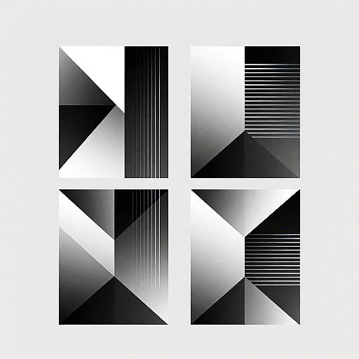 Abstract digital artwork featuring black and white geometric shapes with gradients and lines, arranged in a symmetrical pattern on a white background.