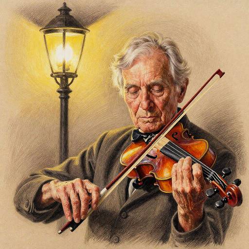 Wistful Elderly Violinist Under Streetlamp