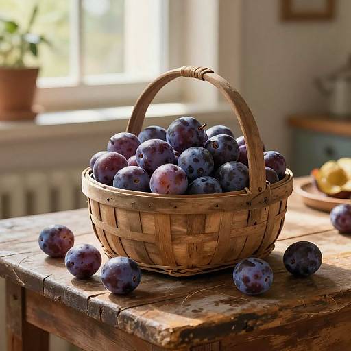 Photograph of a wicker basket filled with plump, purple plums on a rustic wooden table, with sunlight streaming through a window in the background