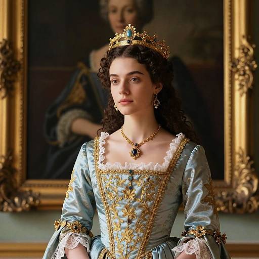 Photograph of a young woman with curly brown hair, wearing a gold crown, blue and gold embroidered gown, and necklace, standing in front of a
